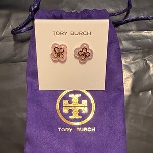 Tory Burch Pink Enamel Ear Studs with Gold-Tone Logo